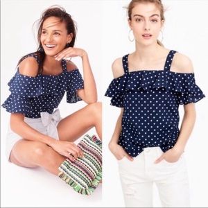J Crew Polka Dot Cold Shoulder Ruffle Top
